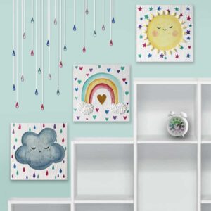 Cheery Kawaii Wall Art for Big Kids Room, Sun, Cloud, Rainbow