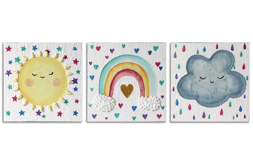 Front view of kids wall art of rainbow, cloud, and sun