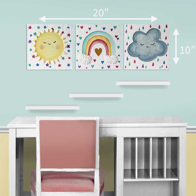 Size guide for 32x10 kids wall art of rainbow, cloud, and sun
