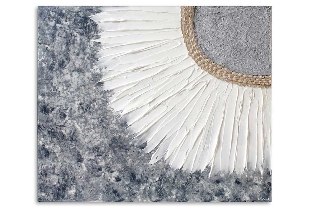 Front view of silver and white impasto sun painting