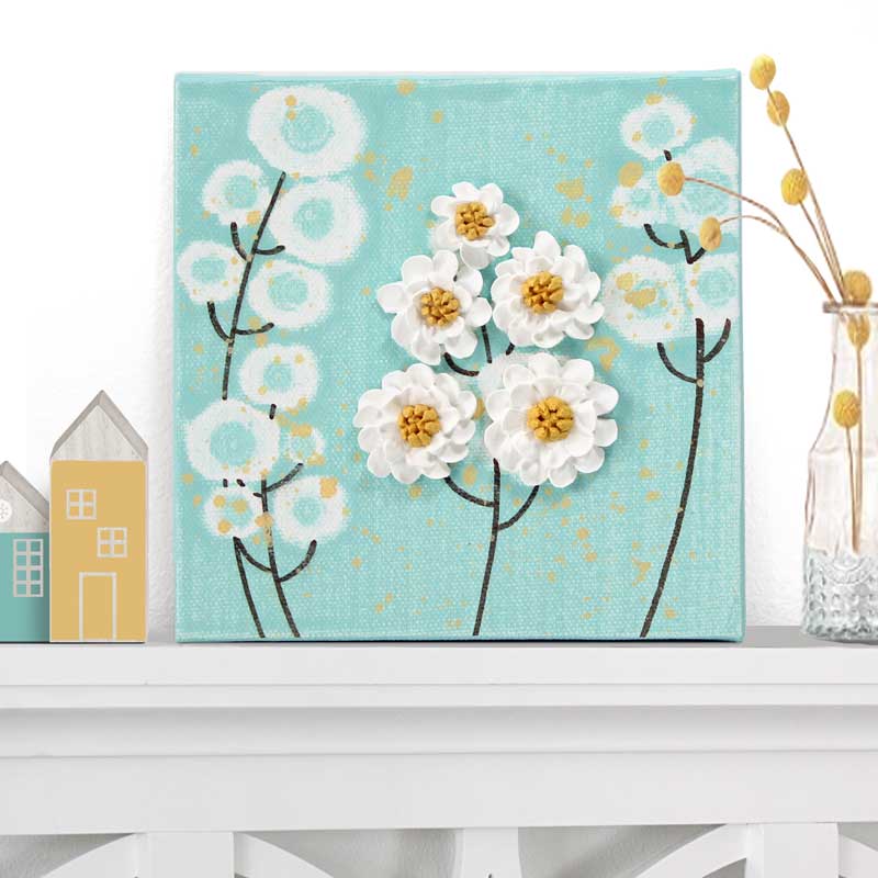 Setting view of cheery wildflowers in aqua on mini canvas