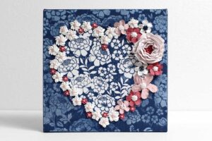 Blue and Pink Heart Painting with Sculpted Flowers on Canvas | Small