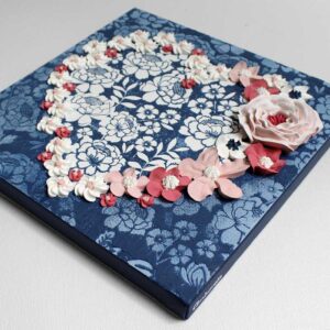 Blue and Pink Heart Painting with Sculpted Flowers on Canvas | Small