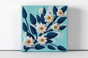 Aqua Painting of White Textured Flowers on Canvas | Mini