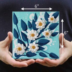 Aqua Painting of White Textured Flowers on Canvas | Mini