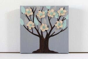 Gray and Teal Leafy Tree Painting | Mini