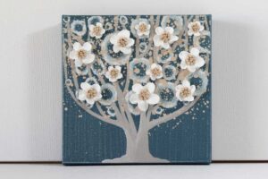 Slate Blue Tree Painting with White Textured Flowers on Canvas | Mini