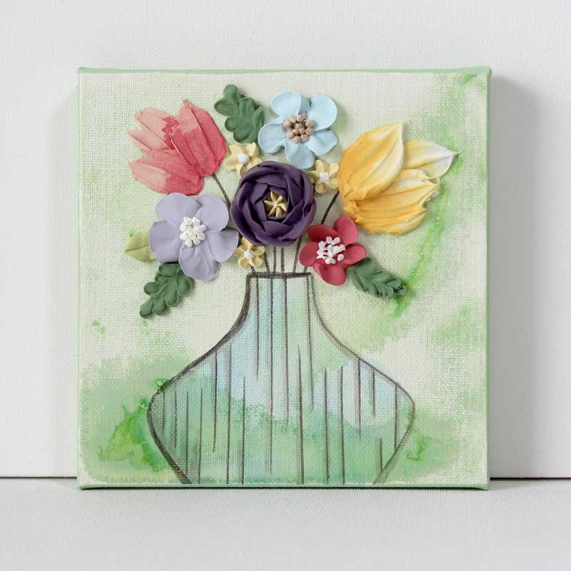 Green Canvas Art with Sculpted Floral Still Life | Mini