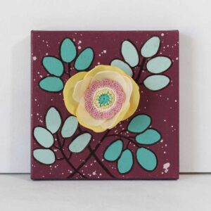 3D Fabric Floral, Berry and Yellow Mixed Media Art | Mini