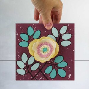 3D Fabric Floral, Berry and Yellow Mixed Media Art | Mini