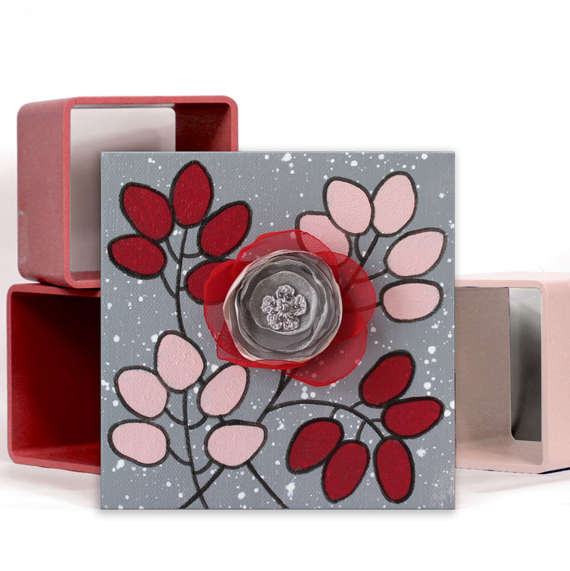 3D Fabric Flower, Gray and Red Rose Mixed Media Art | Mini - Image 3