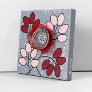 3D Fabric Flower, Gray and Red Rose Mixed Media Art | Mini