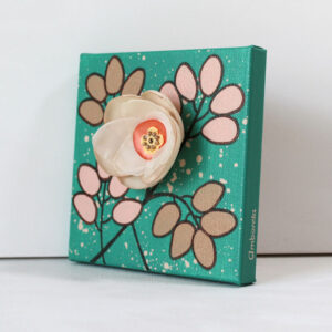 3D Fabric Flower, Jade Green, Peach Mixed Media Art | Mini
