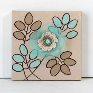 3D Fabric Flower, Khaki, Teal Mixed Media Art | Mini
