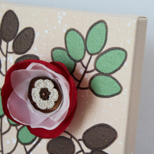 3D Fabric Flower, Green, Red Christmas Rose Mixed Media Art | Mini
