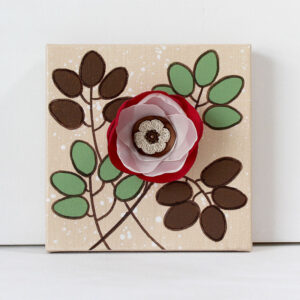 3D Fabric Flower, Green, Red Christmas Rose Mixed Media Art | Mini