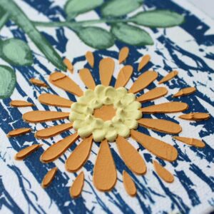 Rainy Day Textured Painting, Orange Flower on Blue | Mini