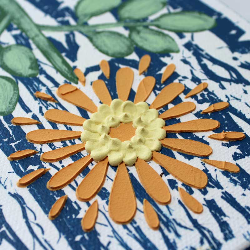 Rainy Day Textured Painting, Orange Flower on Blue | Mini - Image 2
