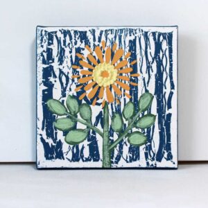 Rainy Day Textured Painting, Orange Flower on Blue | Mini