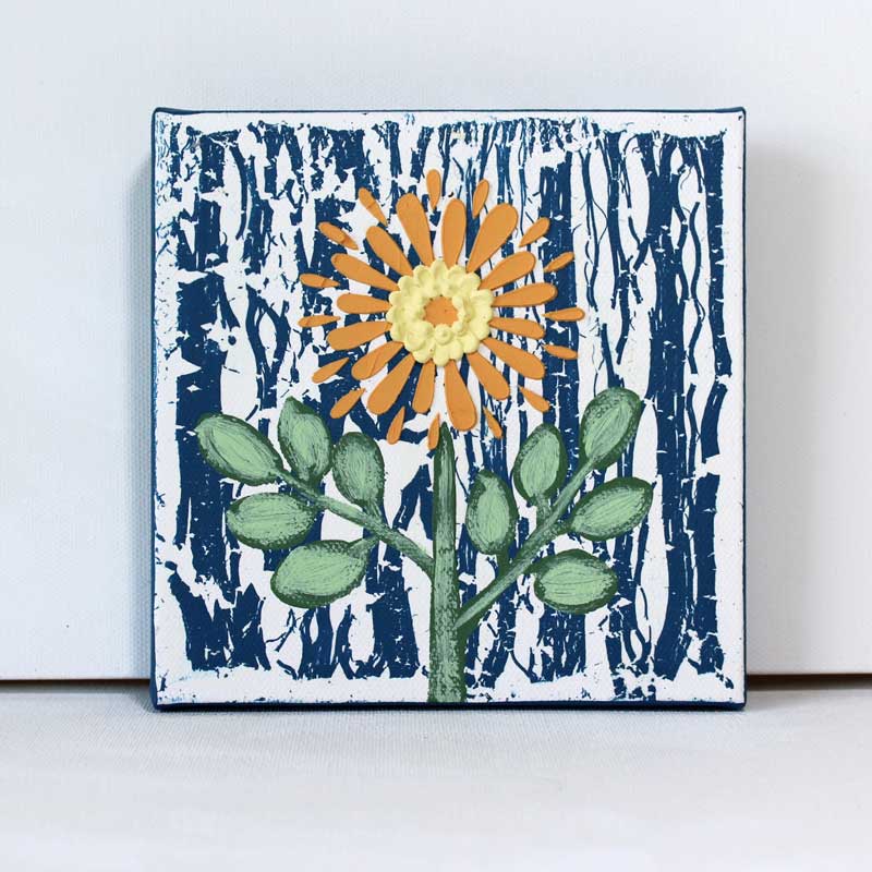 Rainy Day Textured Painting, Orange Flower on Blue | Mini