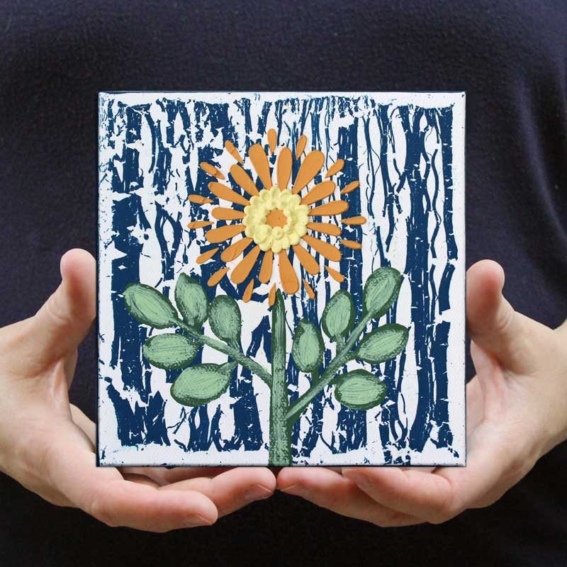 Rainy Day Textured Painting, Orange Flower on Blue | Mini - Image 3