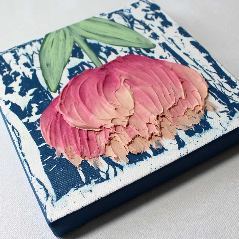 Rainy Day Impasto Painting, Pink Tulip on Blue | Mini - Image 3