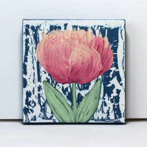 Rainy Day Impasto Painting, Pink Tulip on Blue | Mini
