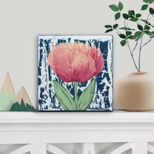Rainy Day Impasto Painting, Pink Tulip on Blue | Mini