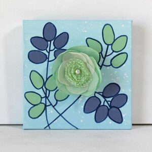 3D Fabric Rose, Green, Blue Mixed Media Art | Mini