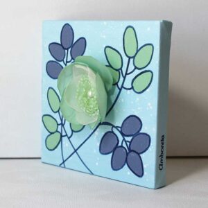 3D Fabric Rose, Green, Blue Mixed Media Art | Mini