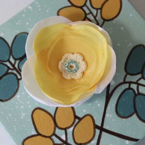 3D Fabric Flower, Teal, Yellow Mixed Media Art | Mini