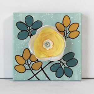 3D Fabric Flower, Teal, Yellow Mixed Media Art | Mini