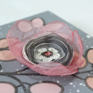 3D Fabric Flower, Pink, Peach, Gray Mixed Media Art | Mini