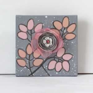 3D Fabric Flower, Pink, Peach, Gray Mixed Media Art | Mini