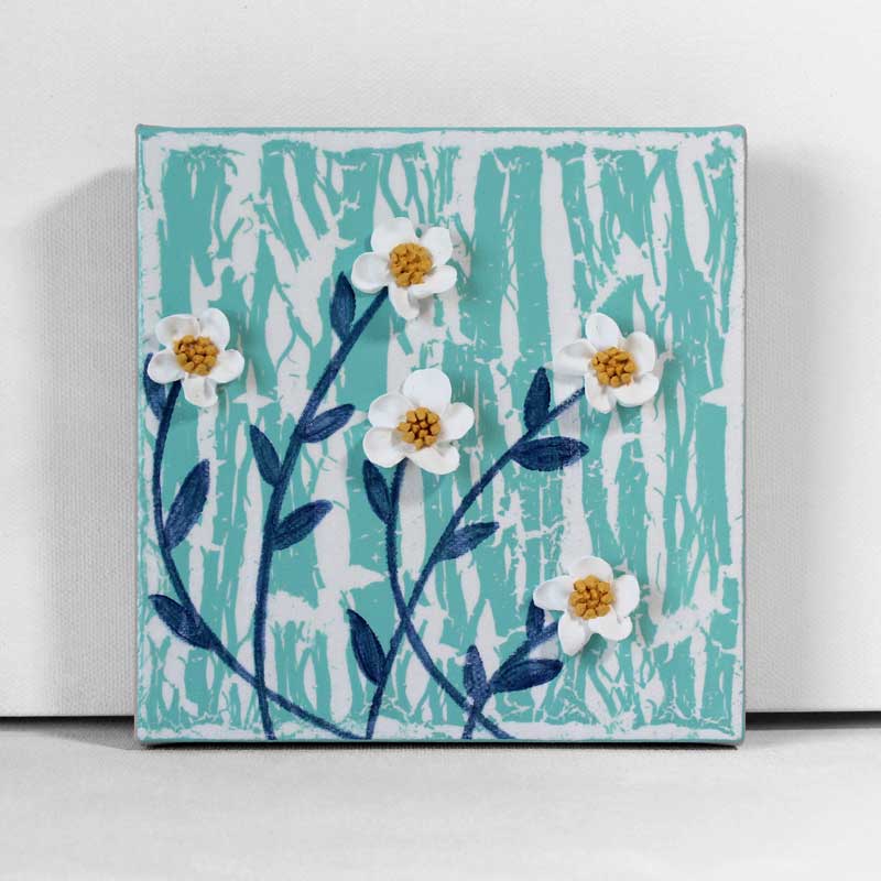 Rainy Day Painting, White Flowers on Blue | Mini