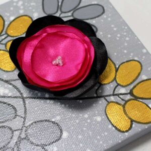 Hot Pink, Black 3D Fabric Flower Mixed Media Art | Mini