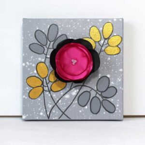 Hot Pink, Black 3D Fabric Flower Mixed Media Art | Mini
