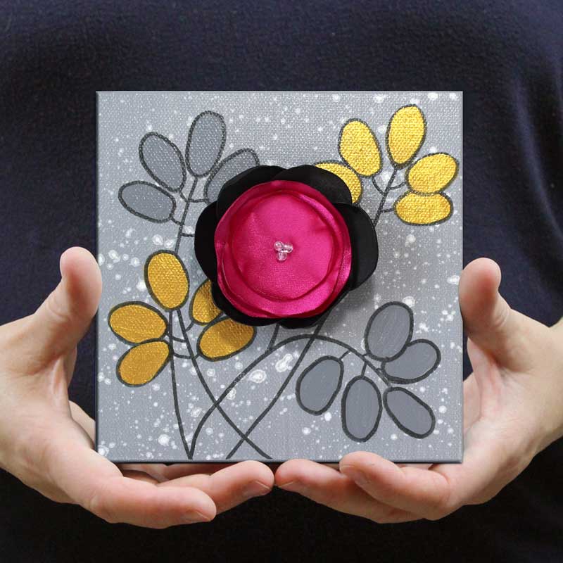 Hot Pink, Black 3D Fabric Flower Mixed Media Art | Mini - Image 3