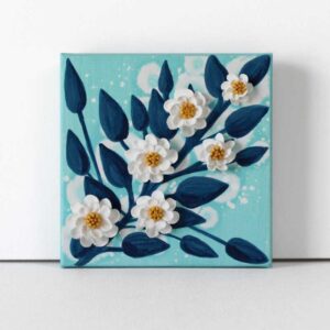 Aqua Painting of White Textured Flowers on Canvas | Mini
