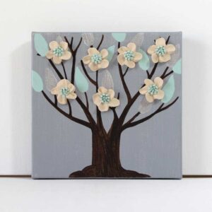 Gray and Teal Leafy Tree Painting | Mini