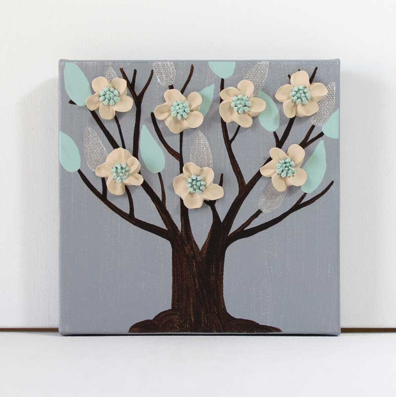 Gray and Teal Leafy Tree Painting | Mini