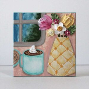 Coffee Lovers Artwork on Canvas with 3D Flowers | Mini