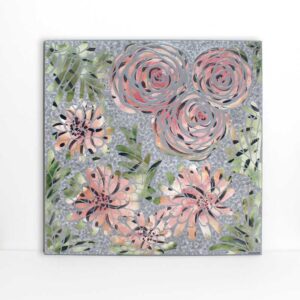 Pastel Jungle Flower Wall Art in Gray, Pink, Green | Square