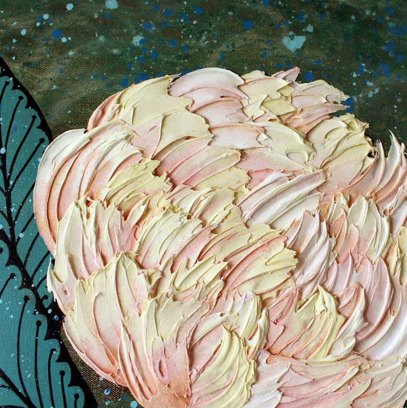 Peach Peony Impasto Painting in Green - Image 7
