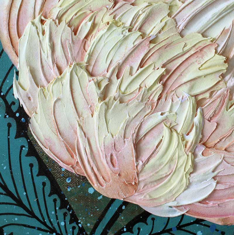 Peach Peony Impasto Painting in Green - Image 6