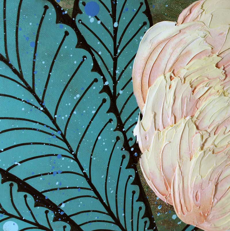 Peach Peony Impasto Painting in Green - Image 5