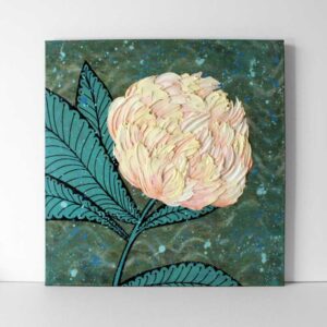 Peach Peony Impasto Painting in Green