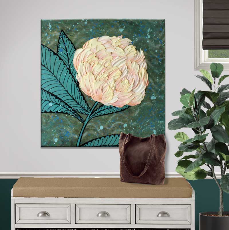 Peach Peony Impasto Painting in Green - Image 4