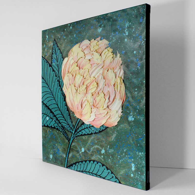 Peach Peony Impasto Painting in Green - Image 3