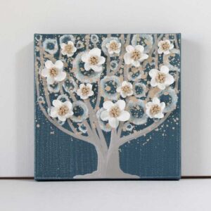 Slate Blue Tree Painting with White Textured Flowers on Canvas | Mini